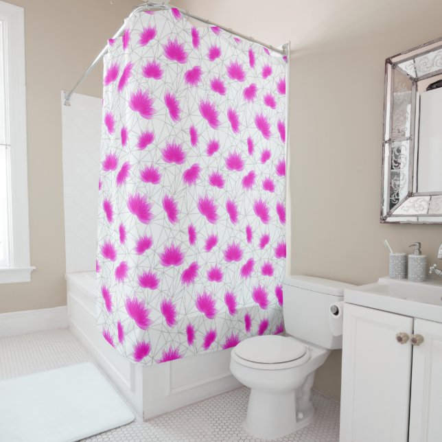Pink Lotus Flower Pattern with Gray Net Shower Curtain (In Situ)