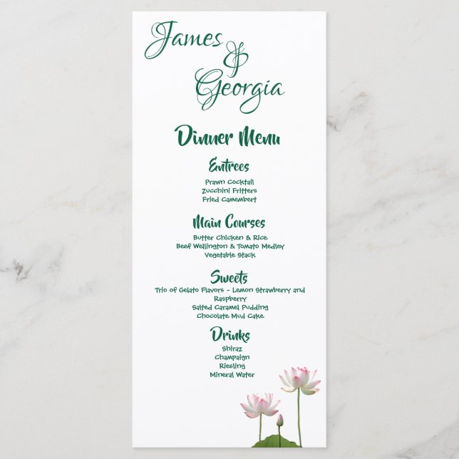 Pink Lotus Flower Personalized Wedding Menu (Front)