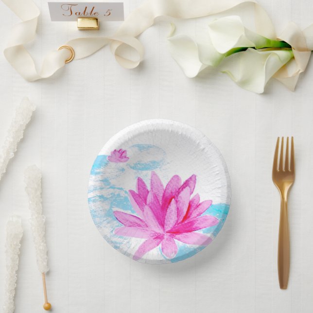 Pink Lotus Flower Watercolor Painting Paper Bowls (Wedding)