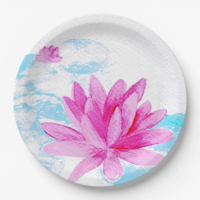 Pink Lotus Flower Watercolor Painting Paper Plates (Front)