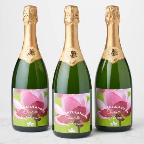 Pink Lotus Flower Wedding Sparkling Wine Label