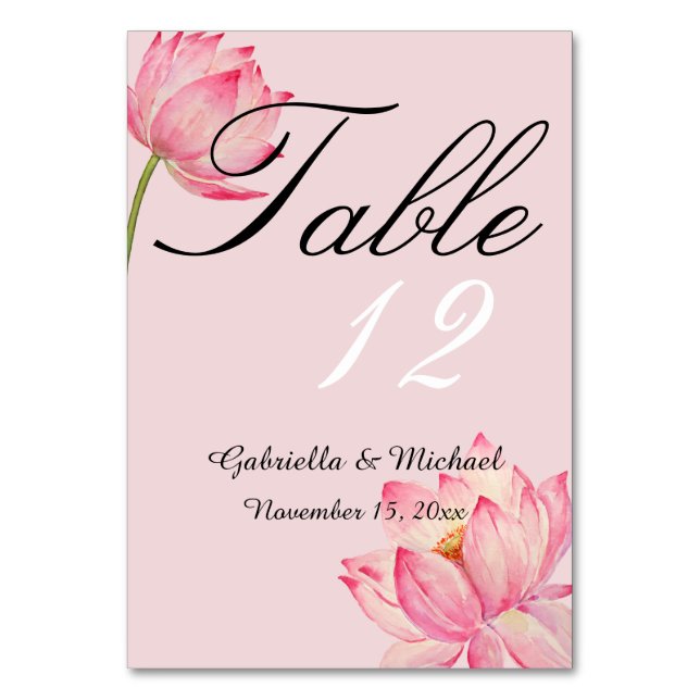 Pink Lotus Flower Wedding Table Number (Front)