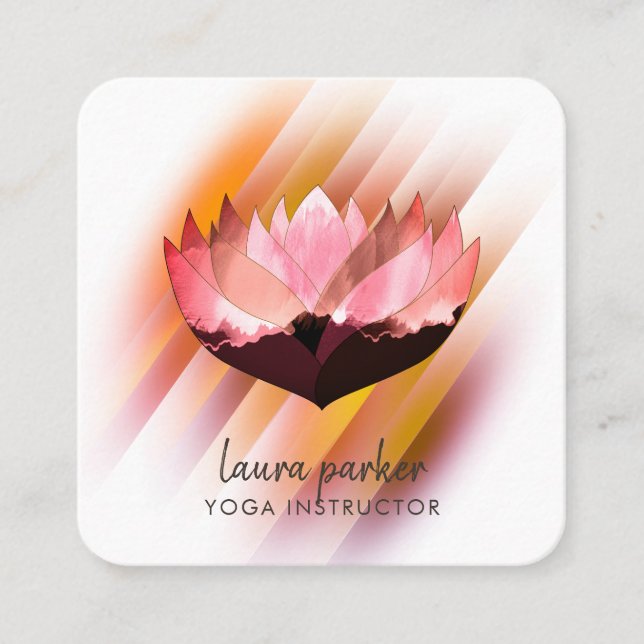 Pink Lotus Flower Yoga Instructor Zen Art Square Business Card (Front)