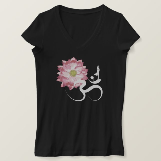Pink Lotus Flower Yoga & Zen Calligraphy Om Aum T-Shirt (Design Front)