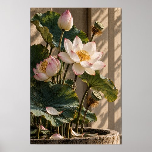 Pink Lotus Flowers and Seed Pods Botanical Wall Ar Poster