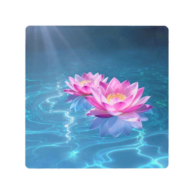  Pink Lotus Flowers Floating on Crystal Blue Water Metal Print (Front)