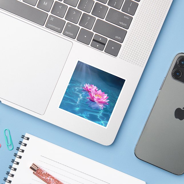  Pink Lotus Flowers Floating on Crystal Blue Water Sticker (Laptop w/ iPhone)