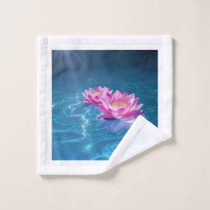 Pink Lotus Flowers Floating on Crystal Blue Water Wash Cloth