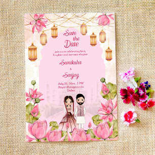 Pink Lotus flowers garlands lantern Indian wedding Invitation