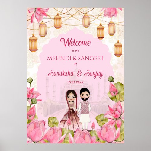 Pink Lotus flowers garlands lantern Indian wedding Poster