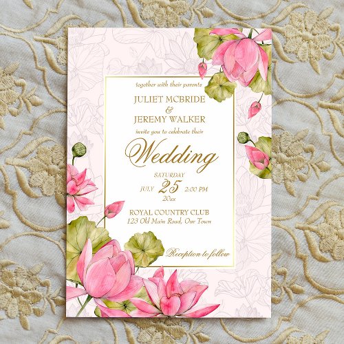 Pink lotus flowers golden border elegant invitation