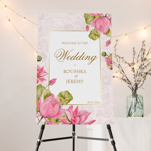 Pink lotus flowers golden border welcome sign (In Situ (Stand))