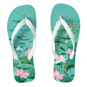 Pink Lotus Flowers Green Leaves Floral Garden Flip Flops