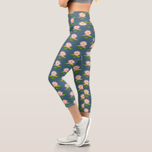 Pink Lotus Flowers & Lily Pads on Blue Yoga Capri Leggings