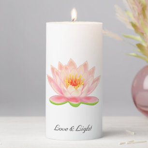 Pink Lotus Flowers & Lily Pads on White Pillar Candle