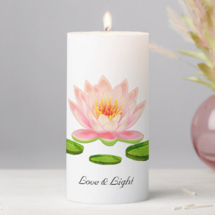 Pink Lotus Flowers & Lily Pads on White Pillar Candle