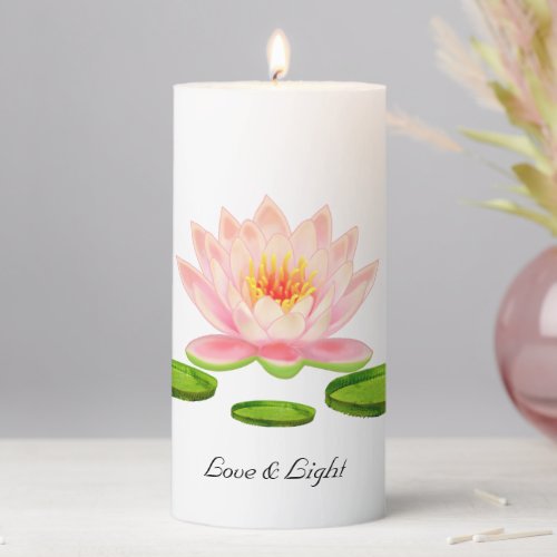 Pink Lotus Flowers  Lily Pads on White Pillar Candle