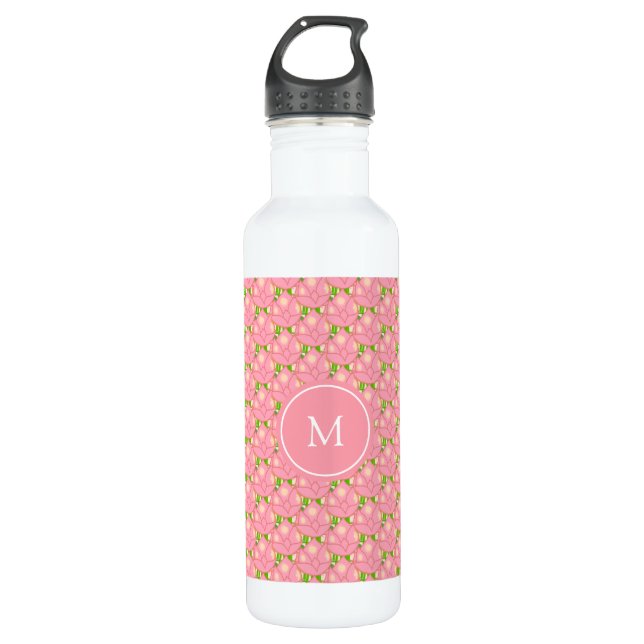 Pink Lotus Flowers & Monogram Stainless Steel Water Bottle (Front)