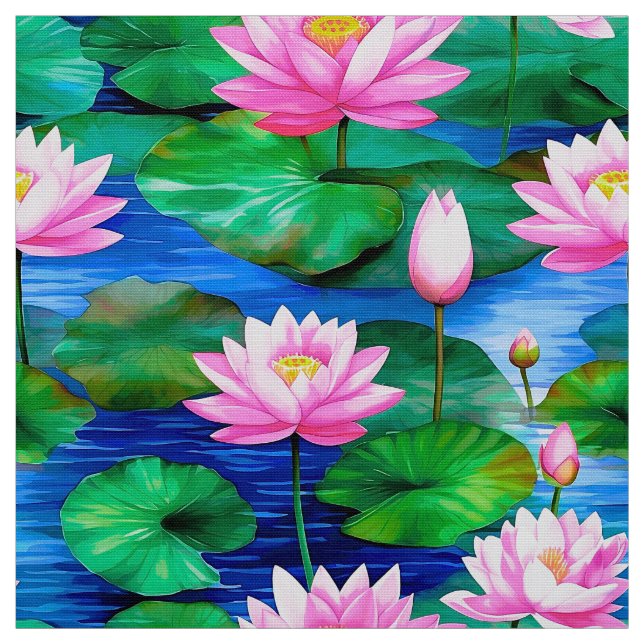 Pink Lotus Flowers on a Pond Fabric (Swatch)