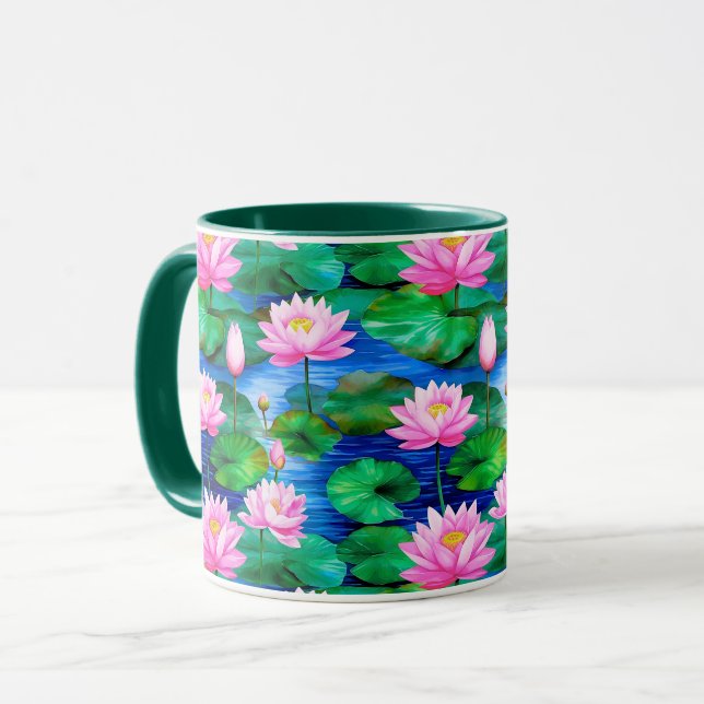 Pink Lotus Flowers on a Pond Mug (Front Left)