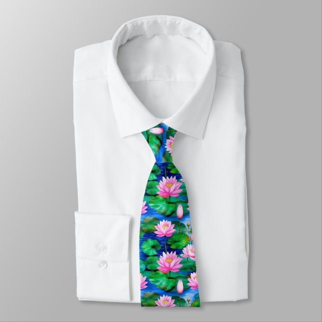 Pink Lotus Flowers on a Pond Neck Tie (Tied)
