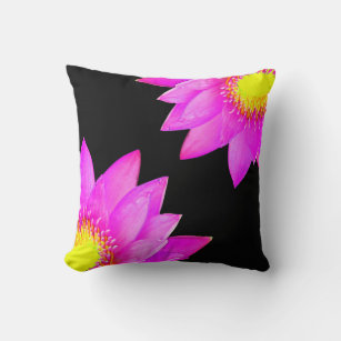 Pink Lotus Flowers on Black Throw Pillow