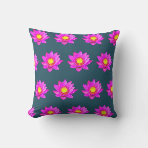 Pink Lotus Flowers on Blue Throw Pillow