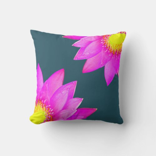 Pink Lotus Flowers on Blue Throw Pillow