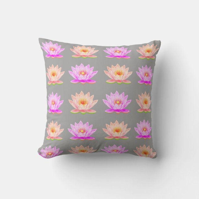Pink Lotus Flowers on Light Gray Throw Pillow (Front)