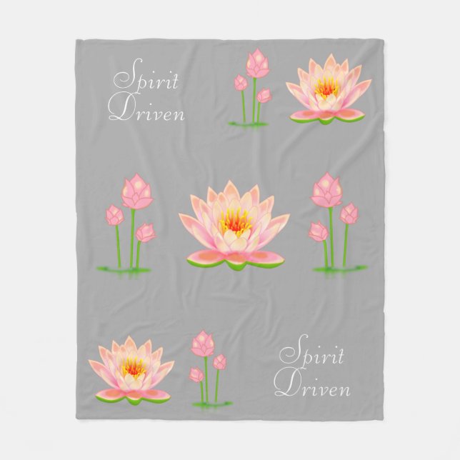 Pink Lotus Flowers on Light Silver Gray Fleece Blanket (Front)