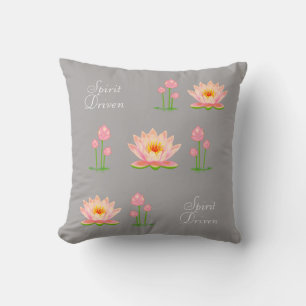 Pink Lotus Flowers on Light Silver Gray Throw Pillow