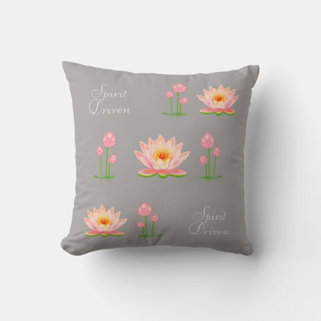 Pink Lotus Flowers on Light Silver Gray Throw Pillow (Front)
