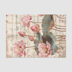 Pink lotus flowers vintage music sheet ephemera