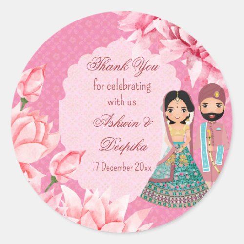 Pink lotus flowers with cute Indian bridal couple Classic Round Sticker