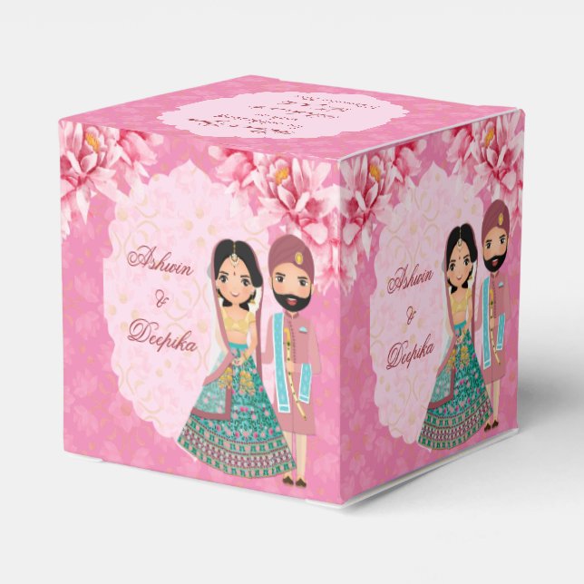 Pink lotus flowers with cute Indian bridal couple Favor Boxes (Back Side)