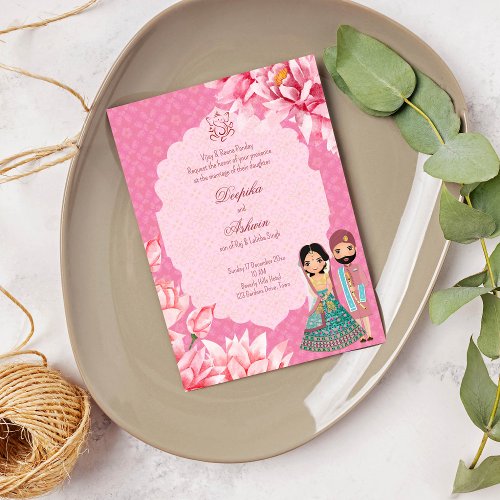 Pink lotus flowers with cute Indian bridal couple Invitation