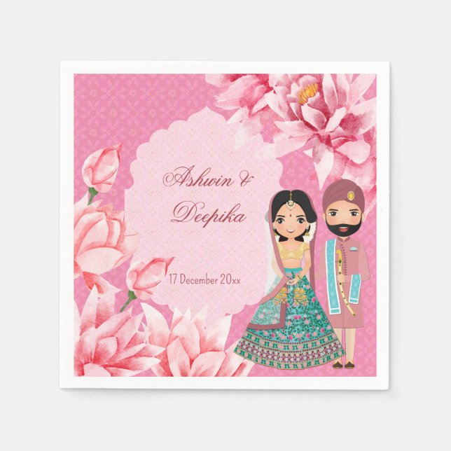 Pink lotus flowers with cute Indian bridal couple  Napkins (Front)