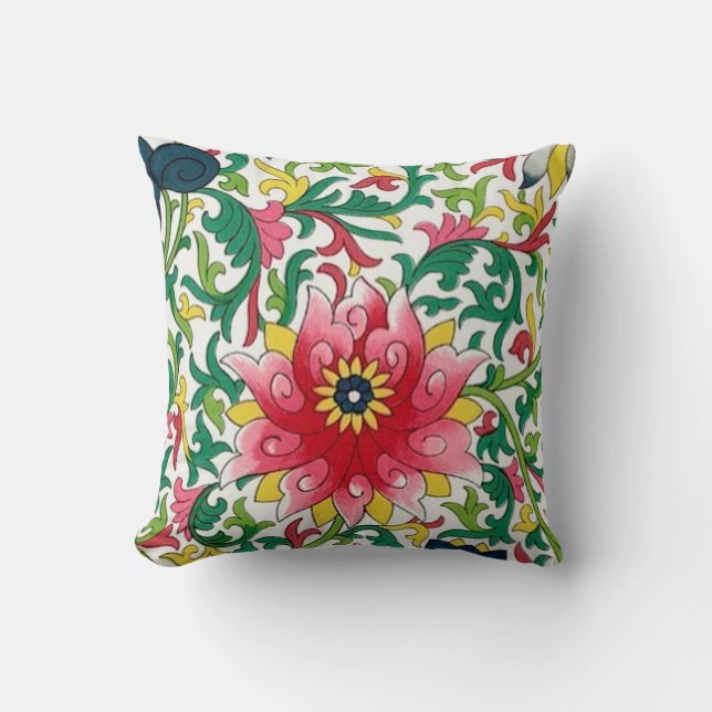 Pink Lotus Garden Chinoiserie Botanical  Throw Pillow (Front)