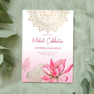 Pink lotus gold mandala Indian wedding mehndi Invitation