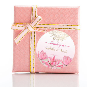 Pink lotus gold mandala Indian wedding thank you Classic Round Sticker