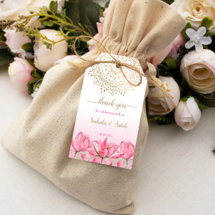 Pink lotus gold mandala Indian wedding thank you Gift Tags