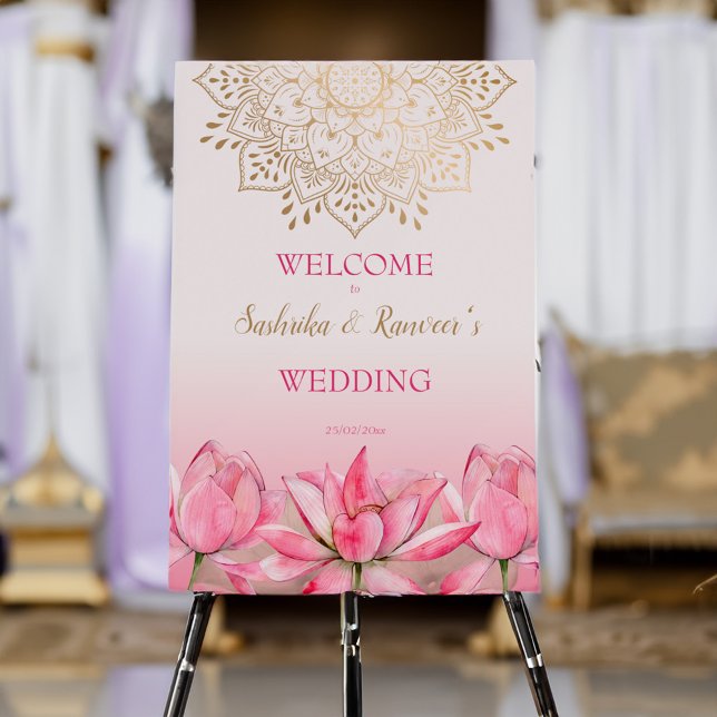 Pink lotus gold mandala Indian wedding welcome Foam Board (Pink lotus gold mandala Indian wedding welcome sign Board personalized entrance decor)