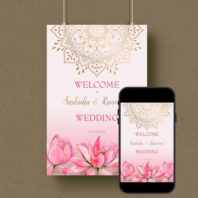 Pink lotus gold mandala Indian wedding welcome Poster (Pink lotus gold mandala Indian wedding editable template welcome sign Poster digital download)