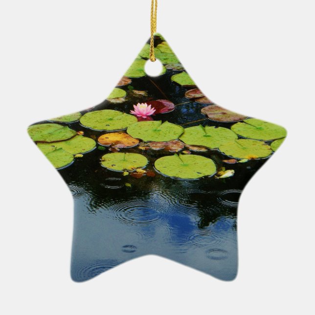 Pink lotus in Rain Ceramic Ornament (Front)