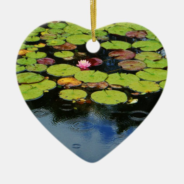 Pink lotus in Rain Ceramic Ornament (Front)