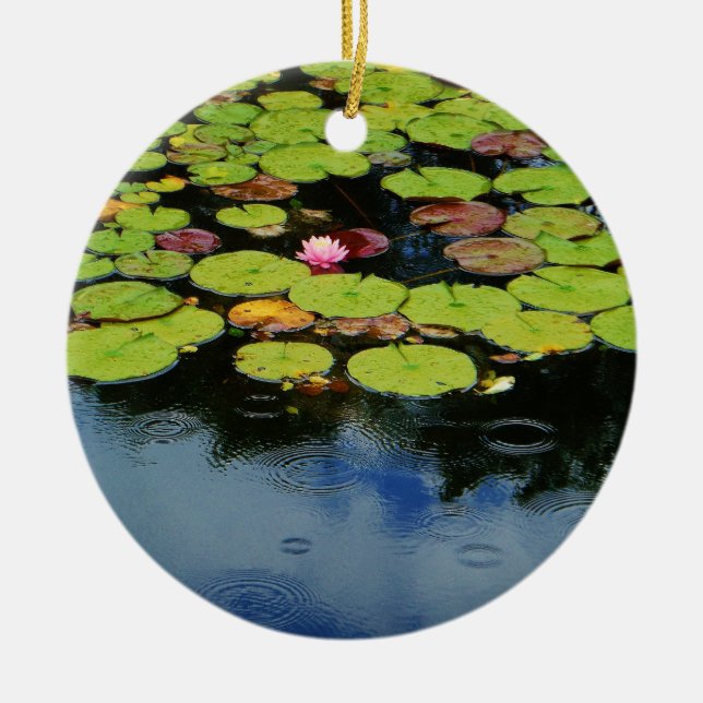 Pink lotus in Rain Ceramic Ornament (Front)