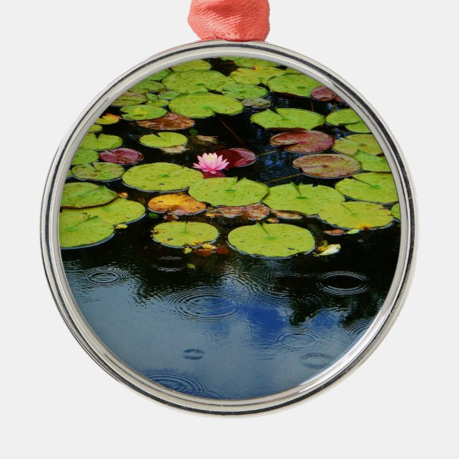 Pink lotus in Rain Metal Ornament (Front)