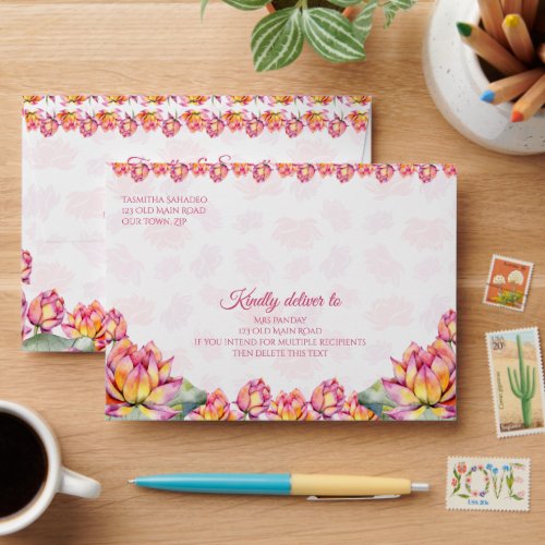 Pink lotus Indian wedding matching A6 Budget Envelope