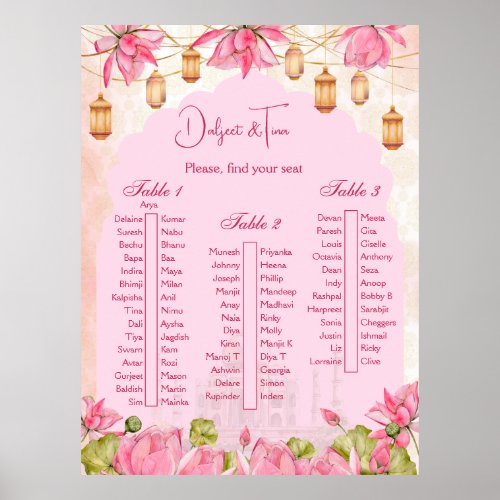Pink lotus Indian wedding table seating plan Poster