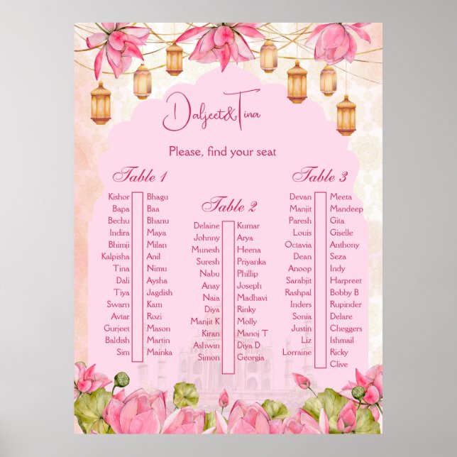 Pink lotus Indian wedding table seating plan Poster (Front)